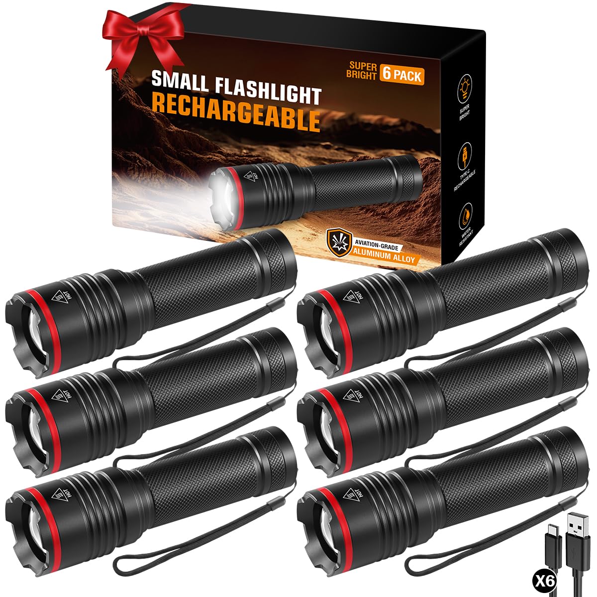 6Pack Rechargeable Flashlights High Lumens, Small Flashlight Powerful, Mini LED Flashlight Rechargeable, Handheld Tactical Flash Light, Super Bright Pocket Flashlights for Home Emergency Camping
