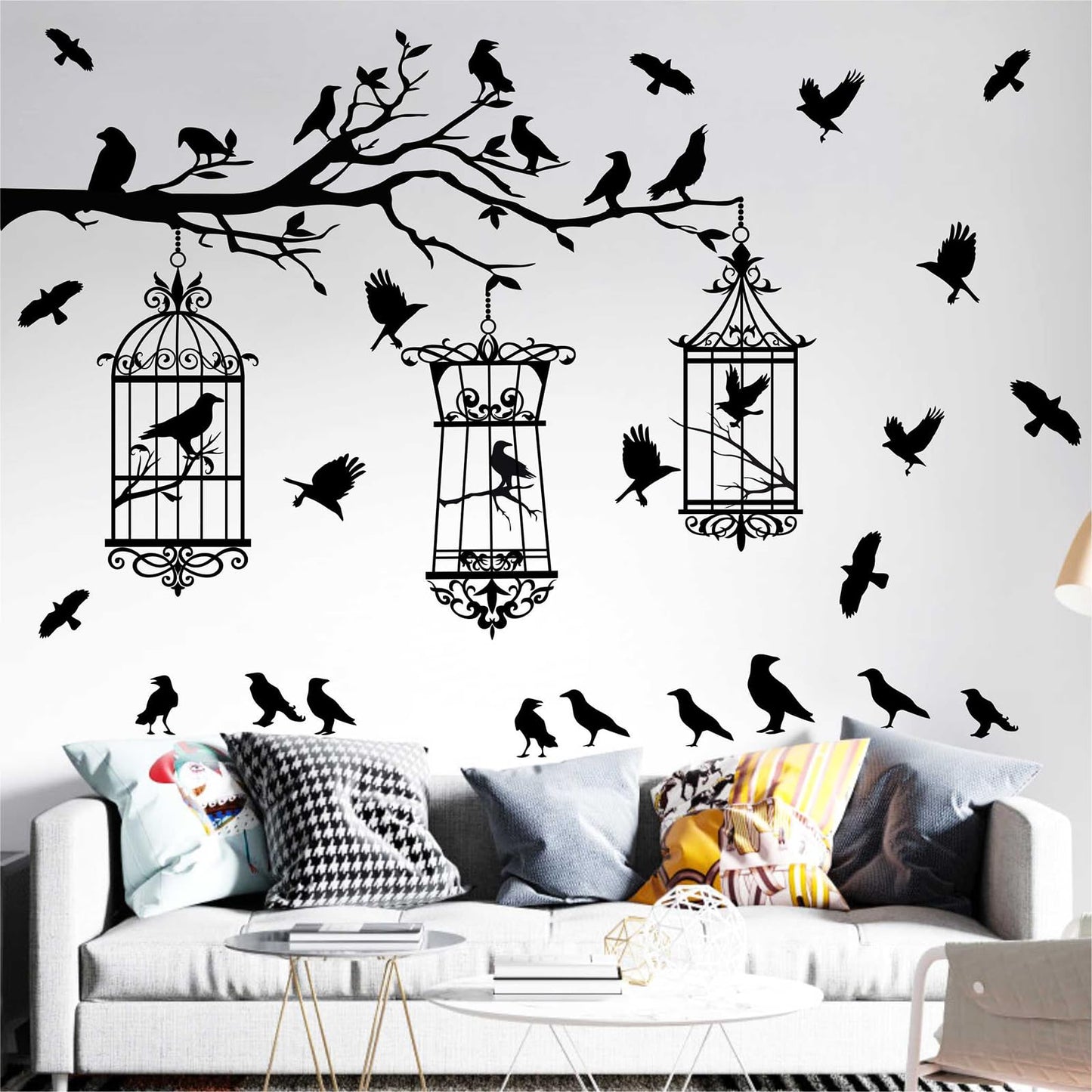 Halloween Tree Branch Wall Decals Crow Black Raven Bird Wall Decals Peel and Stick Birdcage Raven Stickers Removable Black Crows Branches Halloween Wall Stickers for Bedroom Living Room Decor