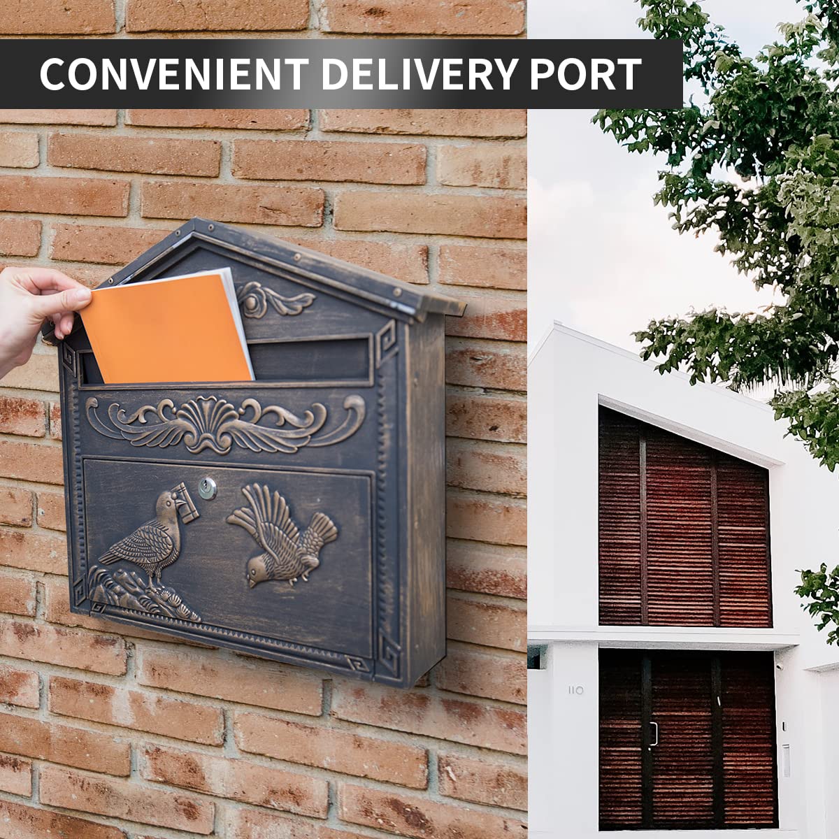 Yoocabinet Mailbox Wall Mount,Large Capacity Locking Mailbox for Outside, Rust-Proof Aluminum Hanging Secured Postbox, Security Key Drop Box,15.35 "x 16.14 "x3.54 Retro Bird