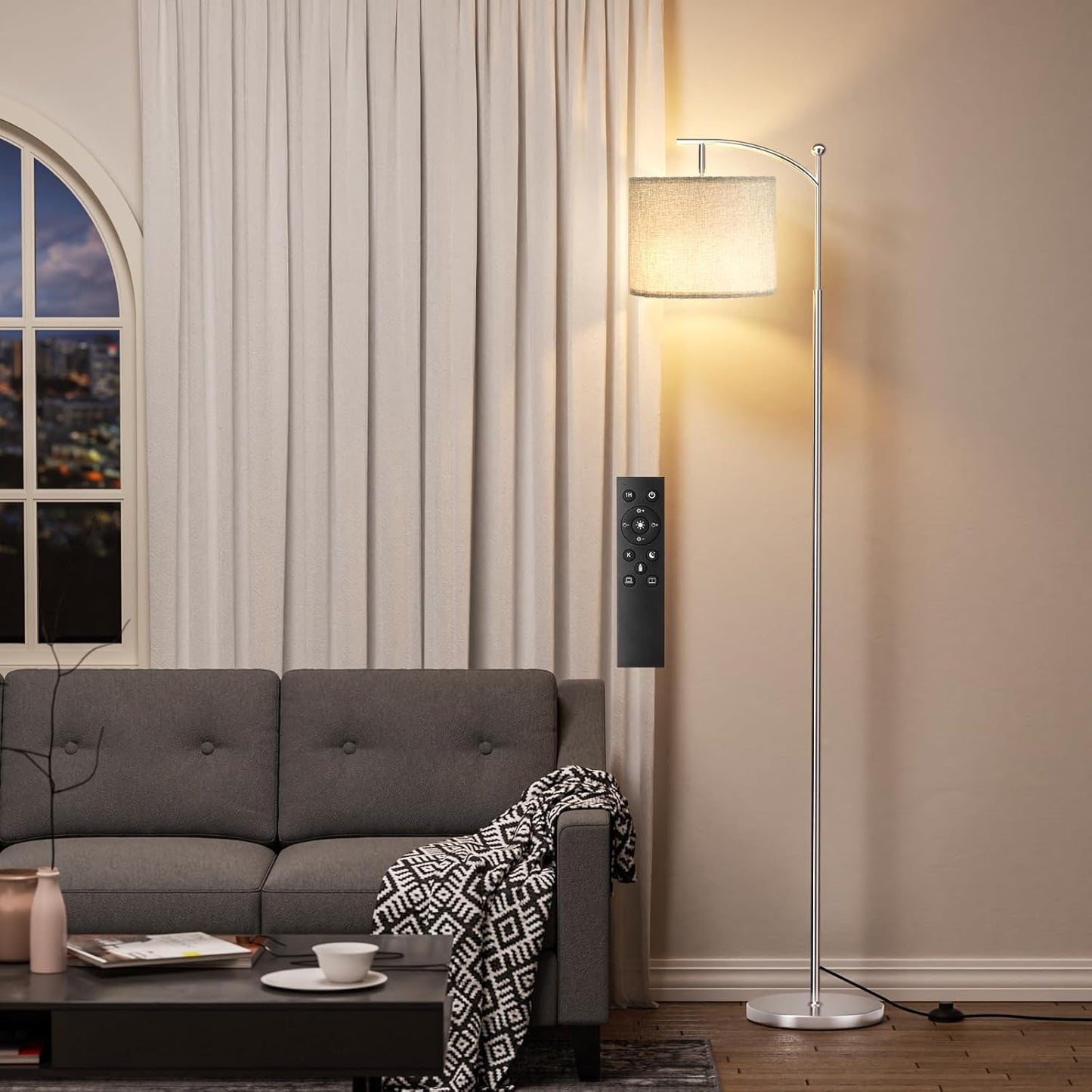 Modern 60" Floor Lamp with Remote Control & Dimmable LED Bulb - Beige Shade, Adjustable Brightness for Living Room