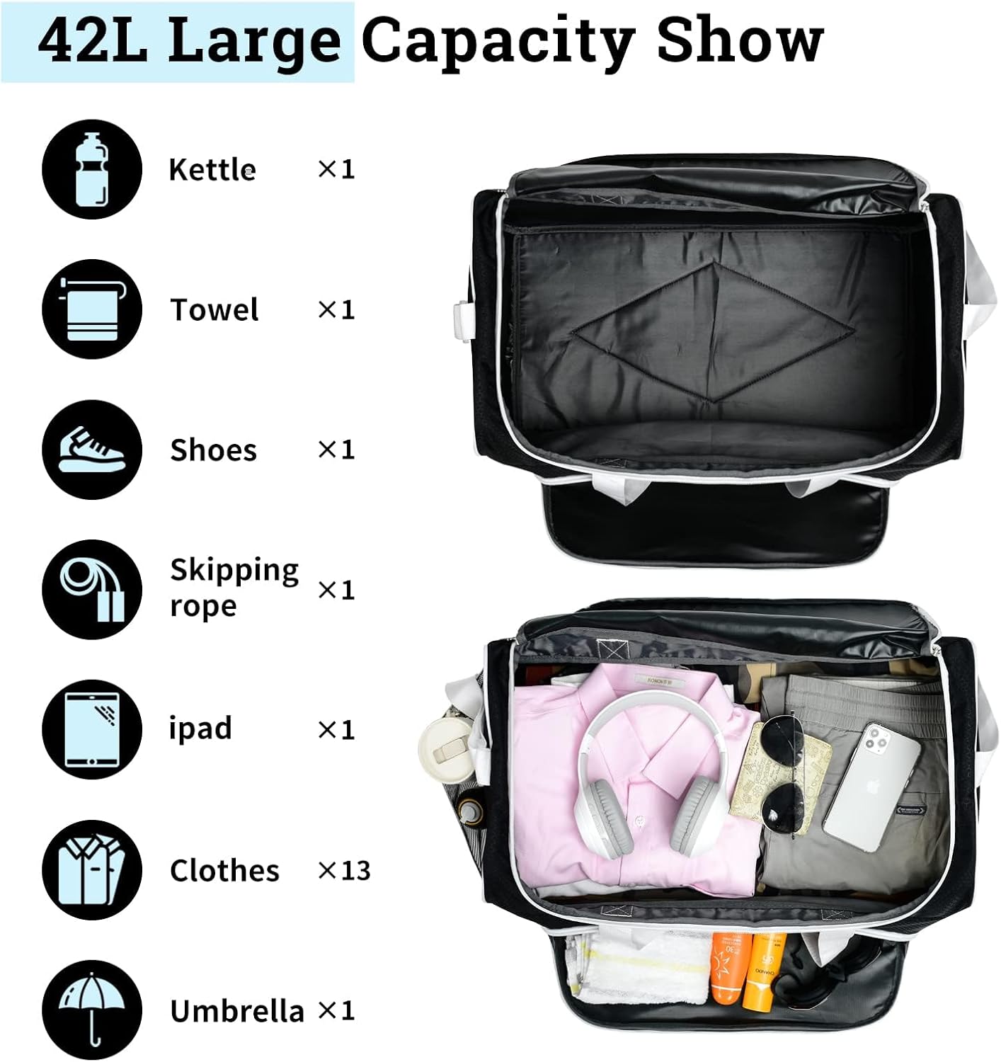 Uarition Gym Duffle Bag - 55L Large Black Duffel for Sports, Workouts & Travel | Durable Heavy-Duty Design