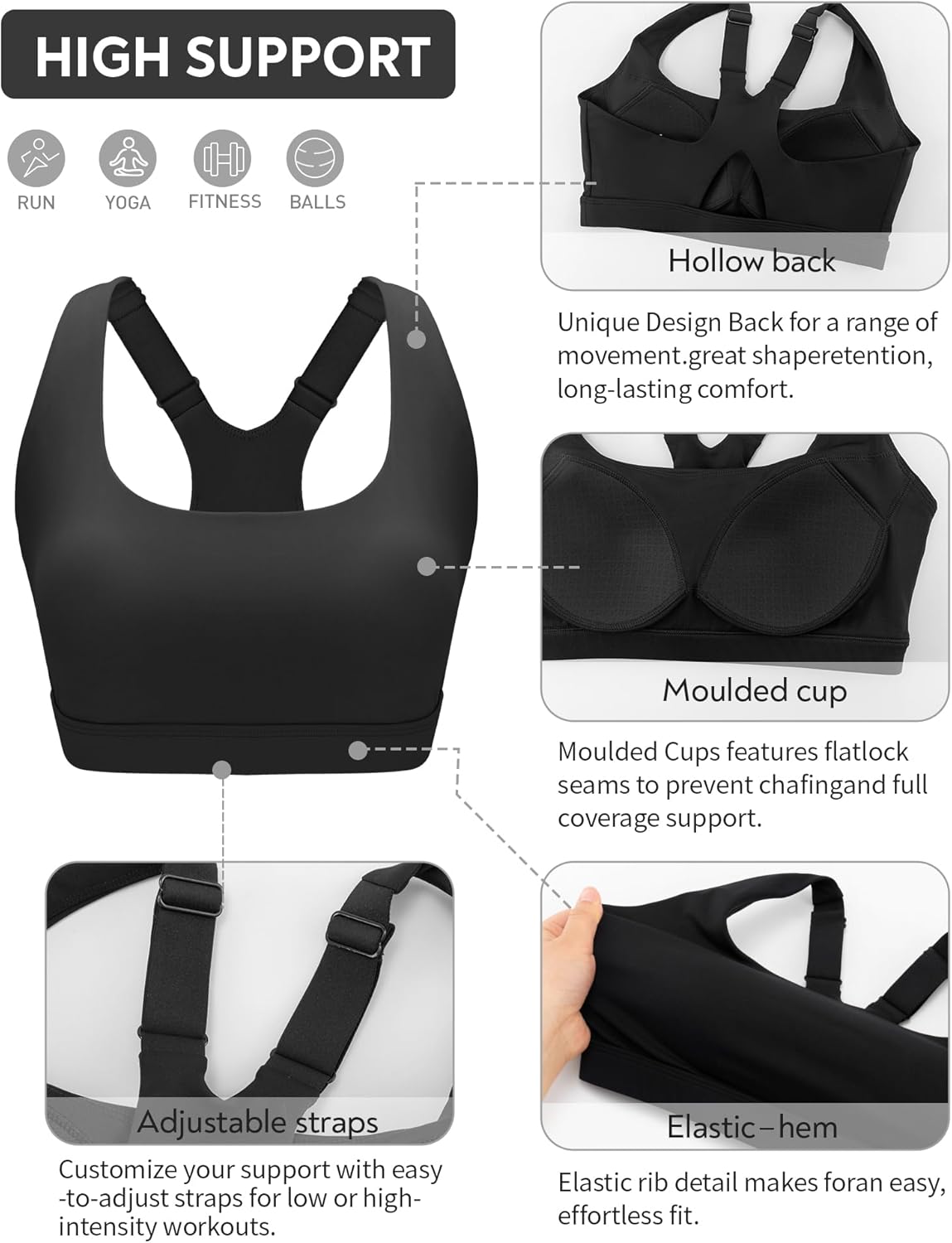 RUNNING GIRL High Impact Sports Bra - Adjustable Racerback Design with Built-In Pads for Comfort