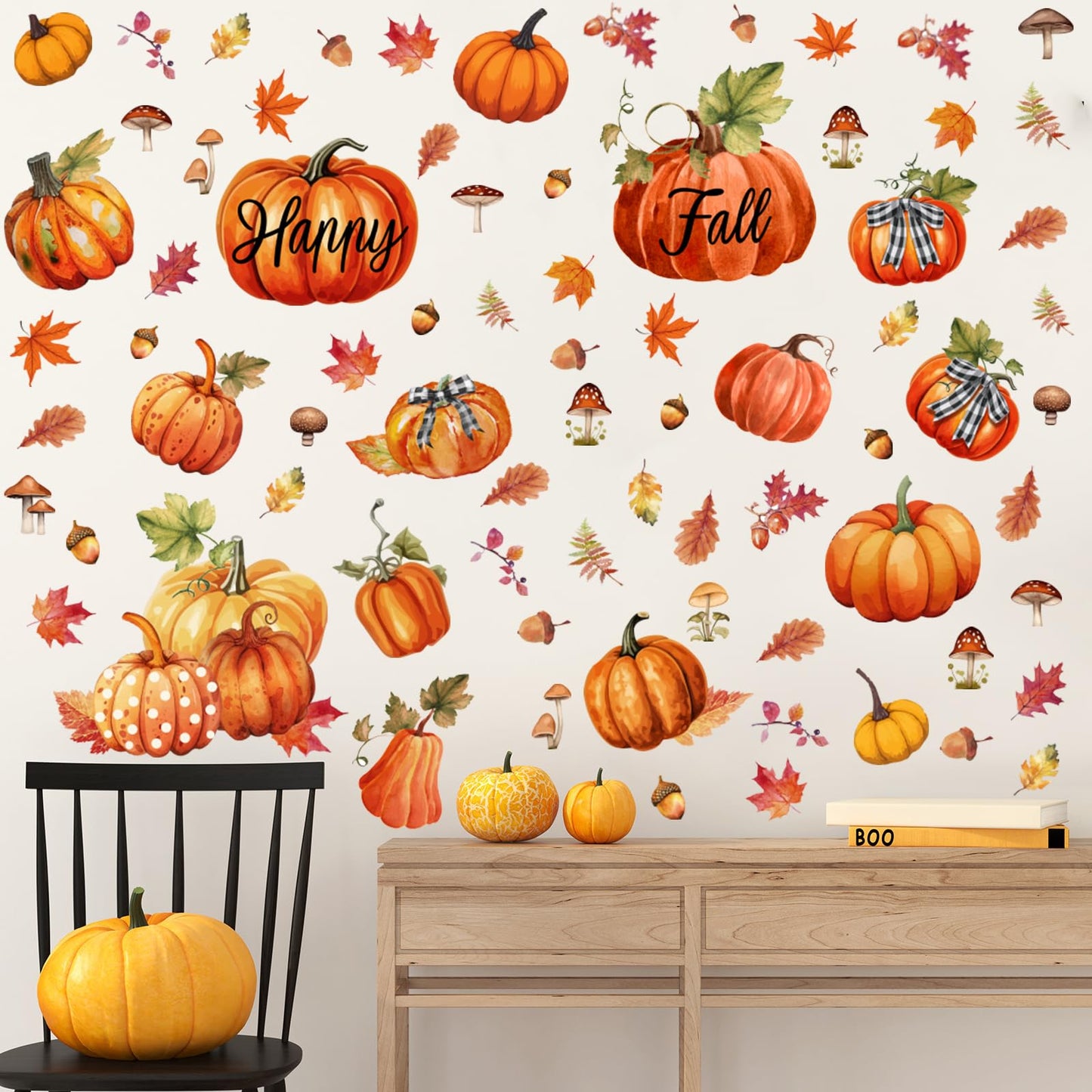 Eersida 6 Sheets 89 Pcs Fall Wall Stickers Oil Painting Pumpkin Wall Decals Maple Leaves Decals Stickers for Autumn Glass Thanksgiving Home Decor and Fall Decoration Kitchen Living Room