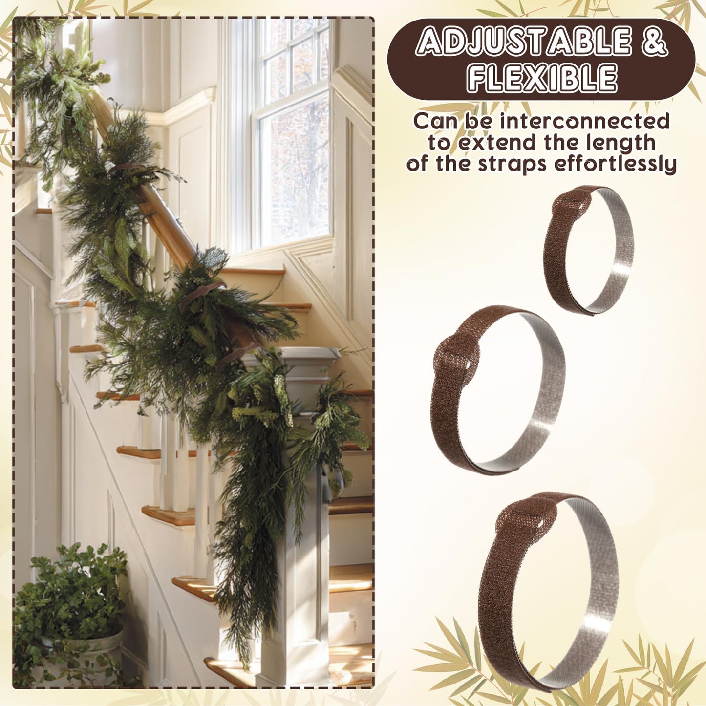 Vincreem 80 Pcs 12 Inch Christmas Garland Ties Brown Adjustable Holiday Banister Ties Reusable Fastener Strap Nylon Garden Plant Cable Strap Christmas Tree Wreath Hook Loop Organizer for Home Office