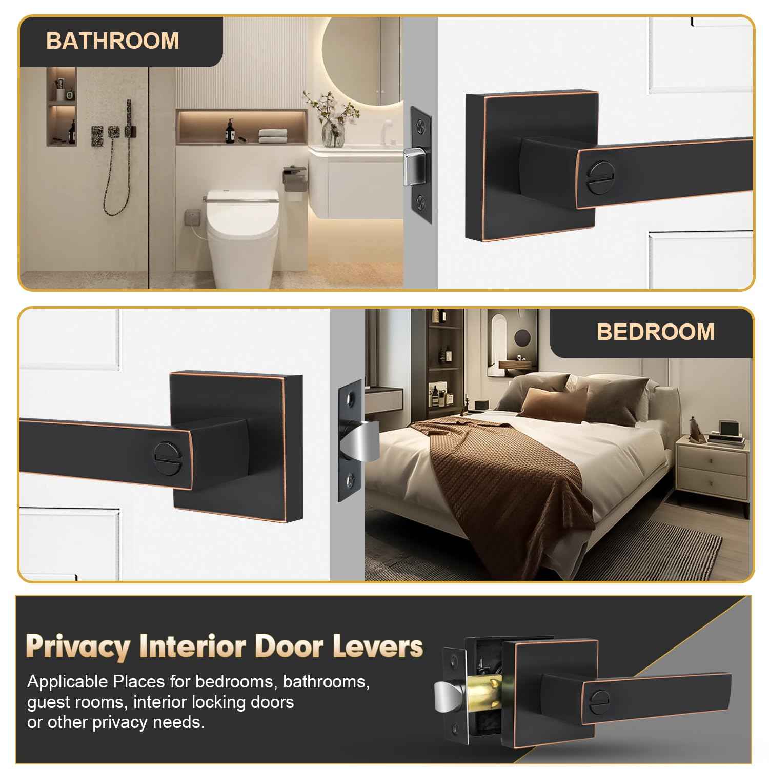 RAZCC Privacy Door Levers, 1 Pack Oil Rubbed Bronze Door Handles Interior Heavy Duty Bed and Bath Keyless Door Locksets, Reversible for Left Right Handed Doors