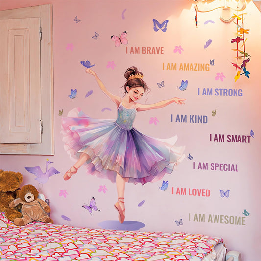Lovely Dancing Ballet Girl Inspirational Quotes Wall Stickers, sacinora Butterfly Motivational Wall Decals Removable Vinyl Peel and Stick for Teens Girls Kids Nursery Bedroom Children’s Room Art Decor