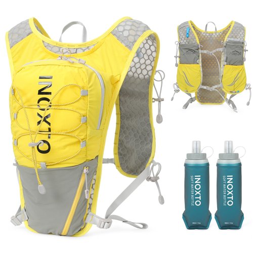 IX INOXTO Running Vest for Women Men, Adjustable Chest Straps Running Hydration Vest with 500ml Soft Flask, Lightweight Breathable Reflective Hydration Backpack for Hiking (Yellow)