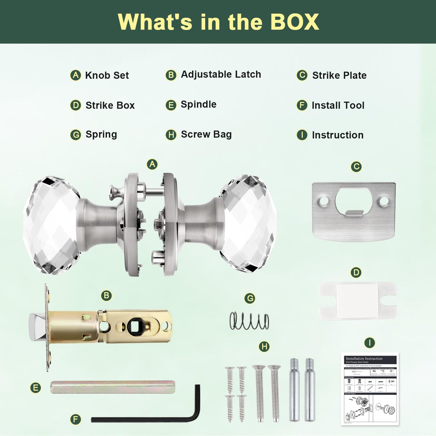 Lepushom 5 Pack Crystal Door Knobs Interior, Elegant Satin Nickel Glass Door Knobs, Keyless Privacy Door Locks for Bedrooms and Bathrooms