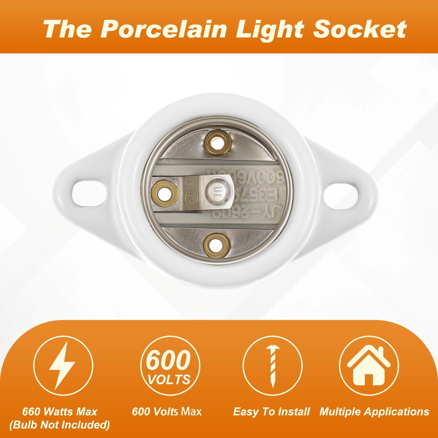 Saysurey 2 Pcs E26 Light Socket Porcelain Lamp Holder Socket Medium Keyless Threaded Base with Two Hole Flange Mounting and 6" Wire Indoor Garage Closet Lighting