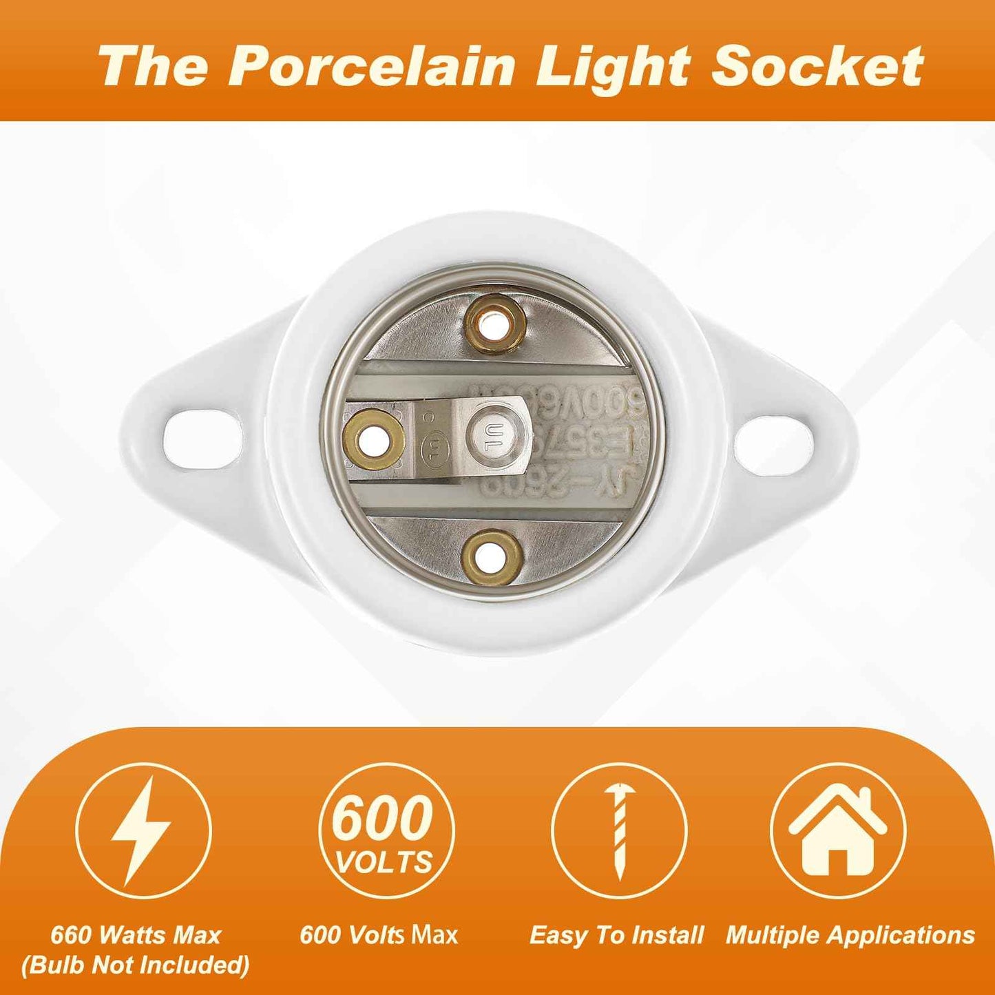 Saysurey 8 Pcs E26 Light Socket Porcelain Lamp Holder Socket Medium Keyless Threaded Base with Two Hole Flange Mounting and 6" Wire Indoor Garage Closet Lighting