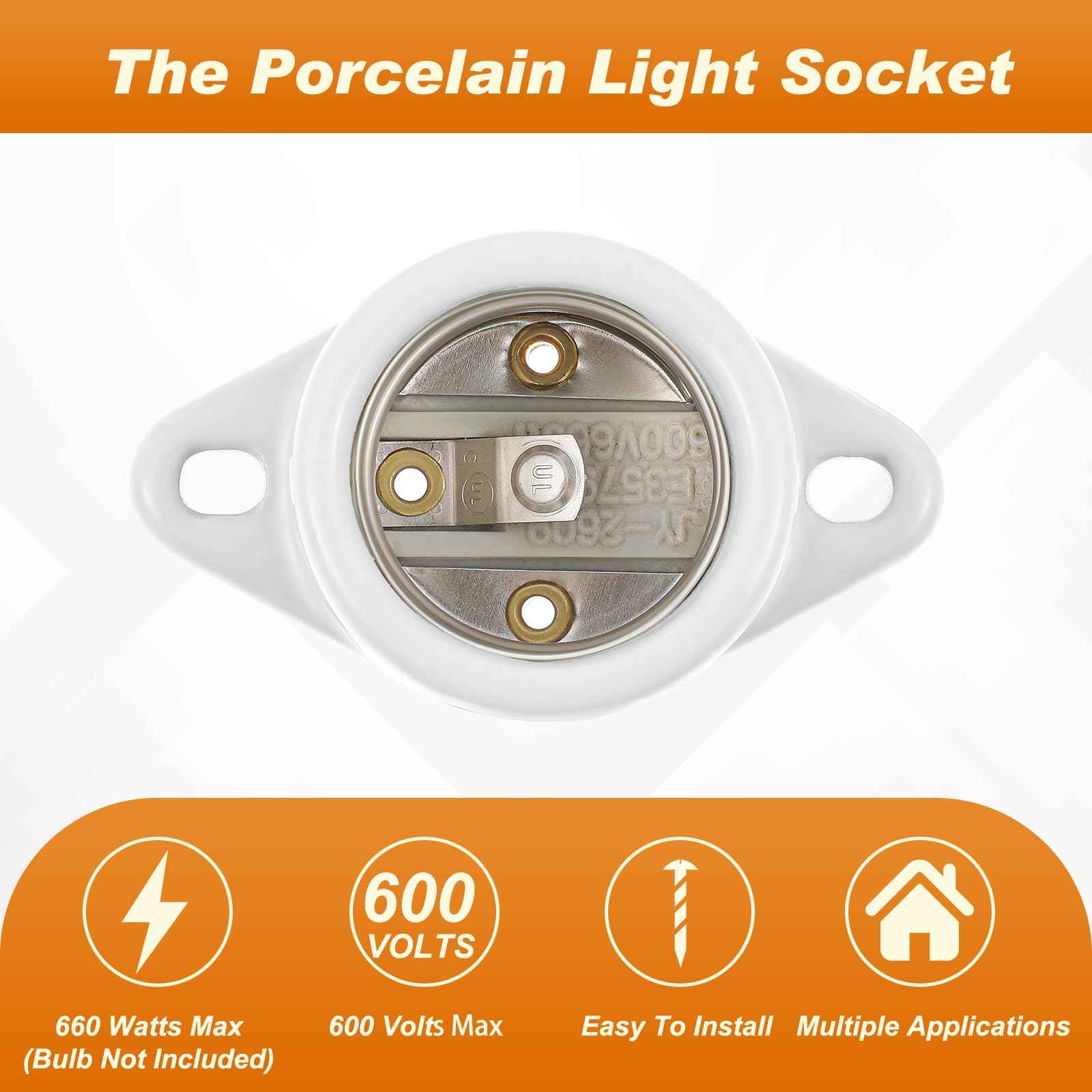 Saysurey 8 Pcs E26 Light Socket Porcelain Lamp Holder Socket Medium Keyless Threaded Base with Two Hole Flange Mounting and 6" Wire Indoor Garage Closet Lighting