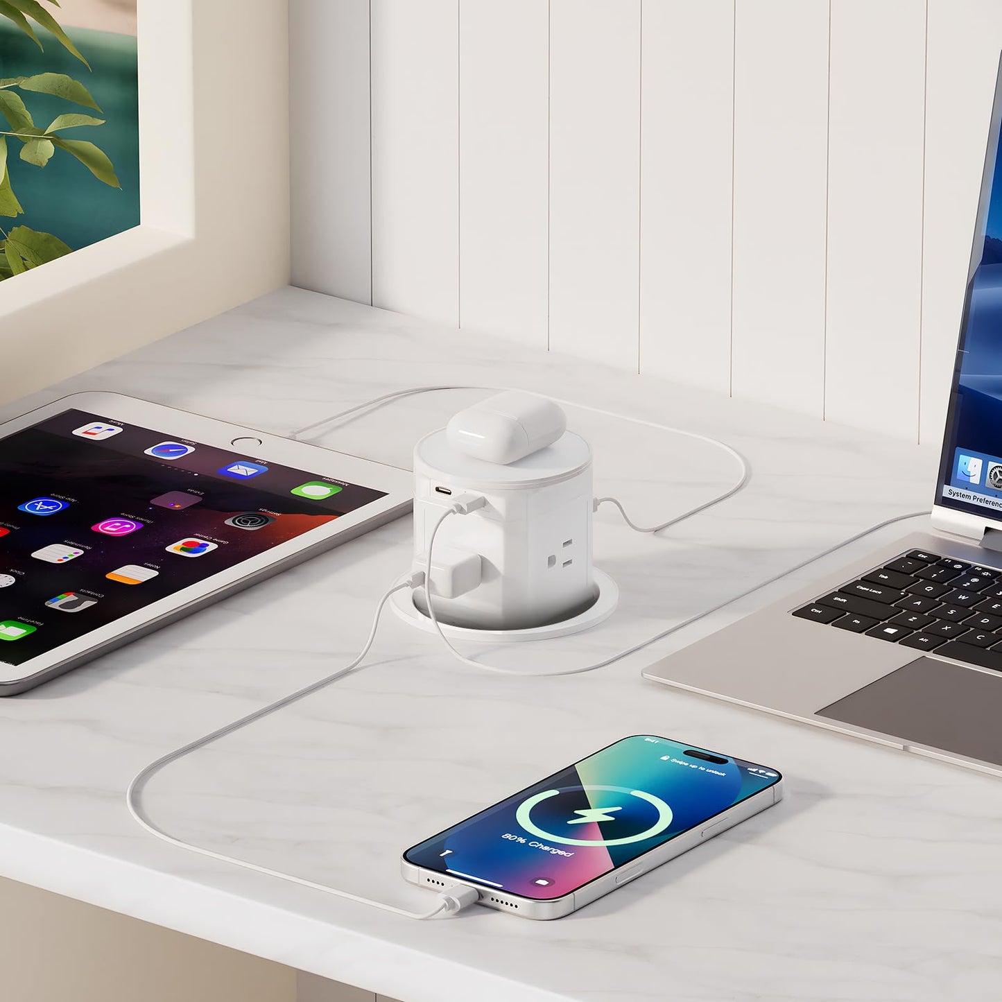 Pop Up Countertop Outlet with 15W Wireless Charger,Pop up Outlet,Max 20W USB Power Delivery,3.9" Space Saver Recessed Outlet,Pop Up Electrical Outlet with 4 Outlets 15A, 2 USB Ports for Home Office.