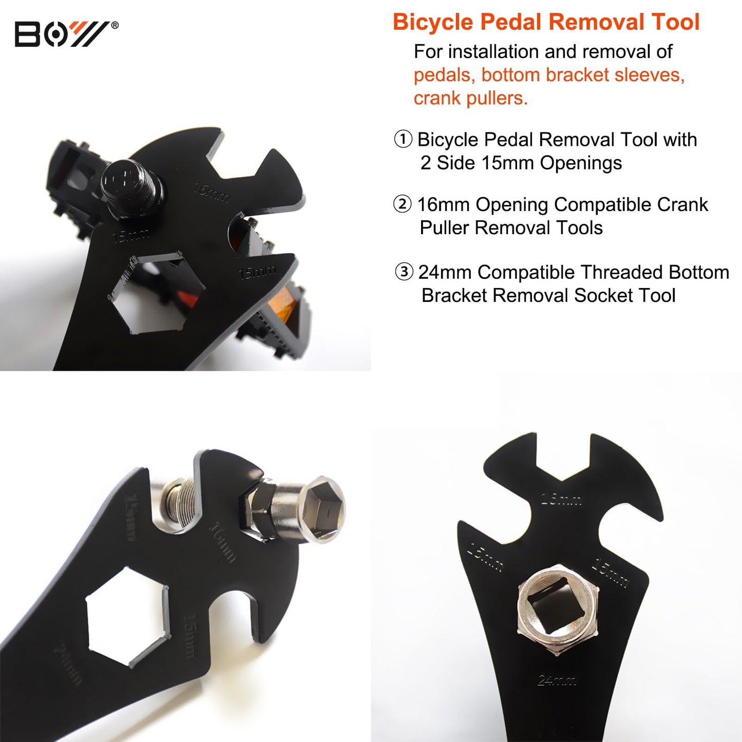 SONZUIA 15mm Bike Pedal Wrench Removal Tool, Long Lever Bicycle Pedal Spanner, 15mm/16mm/24mm Openings (3-in-1)