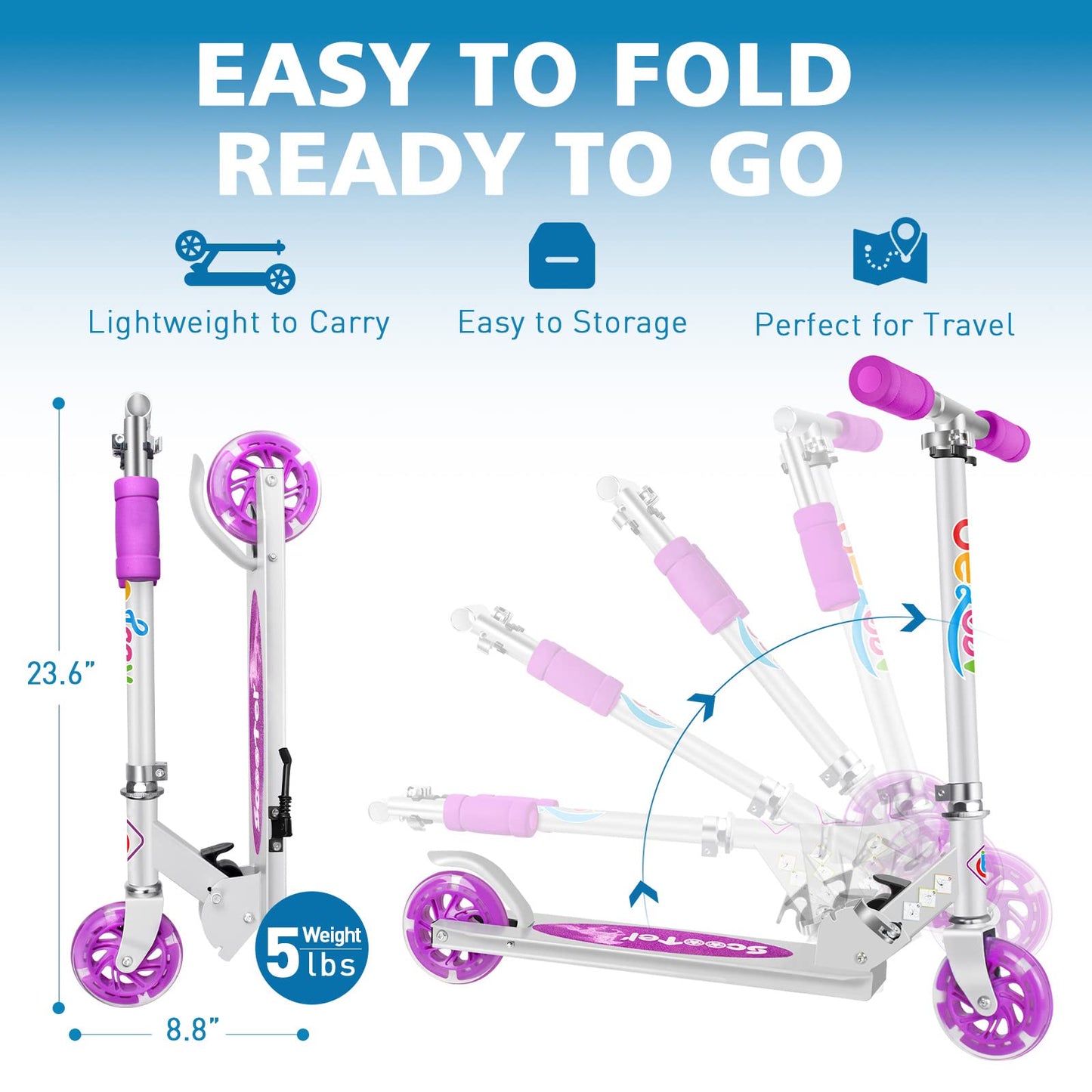 BELEEV V1 Kids Scooters for Girls Boys Ages 3-12, 2 Wheel Folding Kick Scooter with Light Up Wheels, 3 Adjustable Height, Lightweight Push Scooter with Kickstand for Children Gift (Purple)