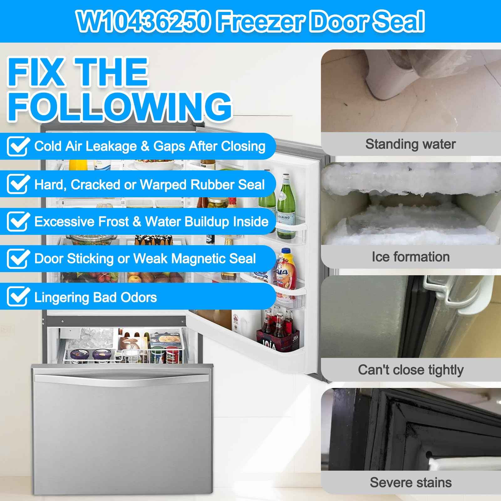 UPGRADED WPW10436250 W10436250 Freezer Door Gasket Compatible with Whirlpool Kenmore Amana KitchenAid Refrigerator Freezer Door Gasket W10130587 W10130589 W10164037 67003555 Freezer Door Seal, Black