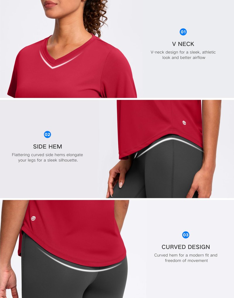 Womens Workout Shirts V-Neck Short Sleeve UPF 50+ Sun Shirt Moisture Wicking Dry Fit Top for Gym, Running, Athletic (Red, M)