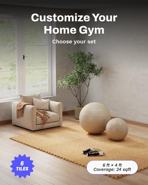 AIRHOP Exercise Equipment Mats - 0.56in Thick Interlocking Rubber Tiles | 24 Sq Ft Home Gym Flooring, Heavy-Duty EVA Foam, 24 x 24in