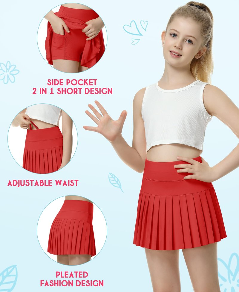 QooNoo Girls Pleated Tennis Skirts with Shorts Athletic Skirt with Side Pocket High Waist Active Skort for Girl Youth Kids Teen(Red,Medium)