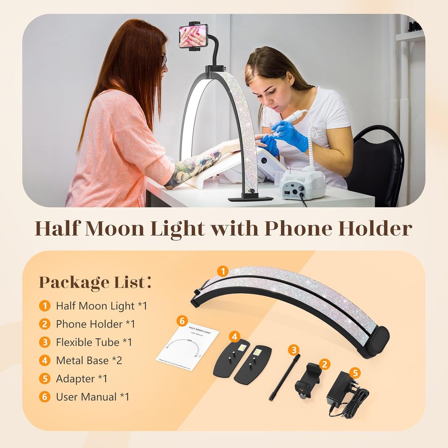 Yokilly Foldable Half Moon Nail Desk Lamp with Phone Holder - 3 Color Modes & 10 Brightness Levels for Manicure Salon