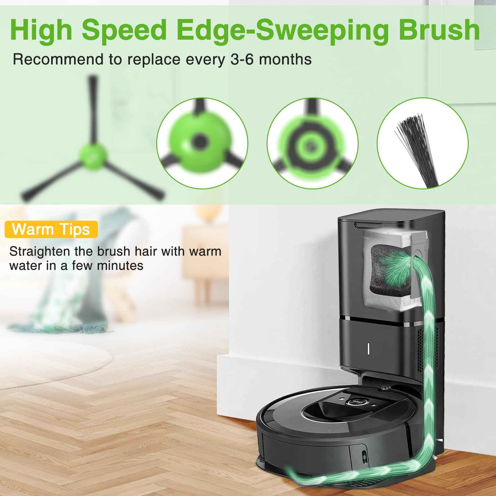 Replacement Parts for iRobot E, I & J Series, Combo i5, j5 Robot Vacuum Accessories Kit Include: 2 Set of Multi-Surface Rubber Brushes + 8 HEPA Filters + 8 Edge-Sweeping Brushes