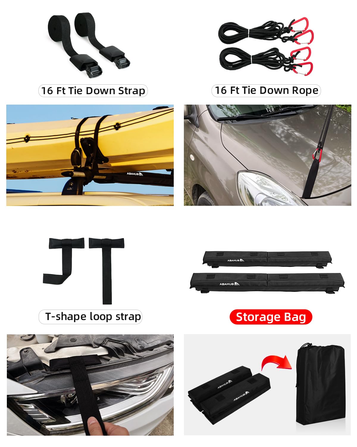 Abahub Soft Roof Rack Pads with 2 Tie Down Straps, 2 Tie Down Ropes, 2 Hood Loops and Storage Bag, for Surfboard, Kayak, Canoe, Heavy Duty Universal Car Roof Racks System Black 30 Inch