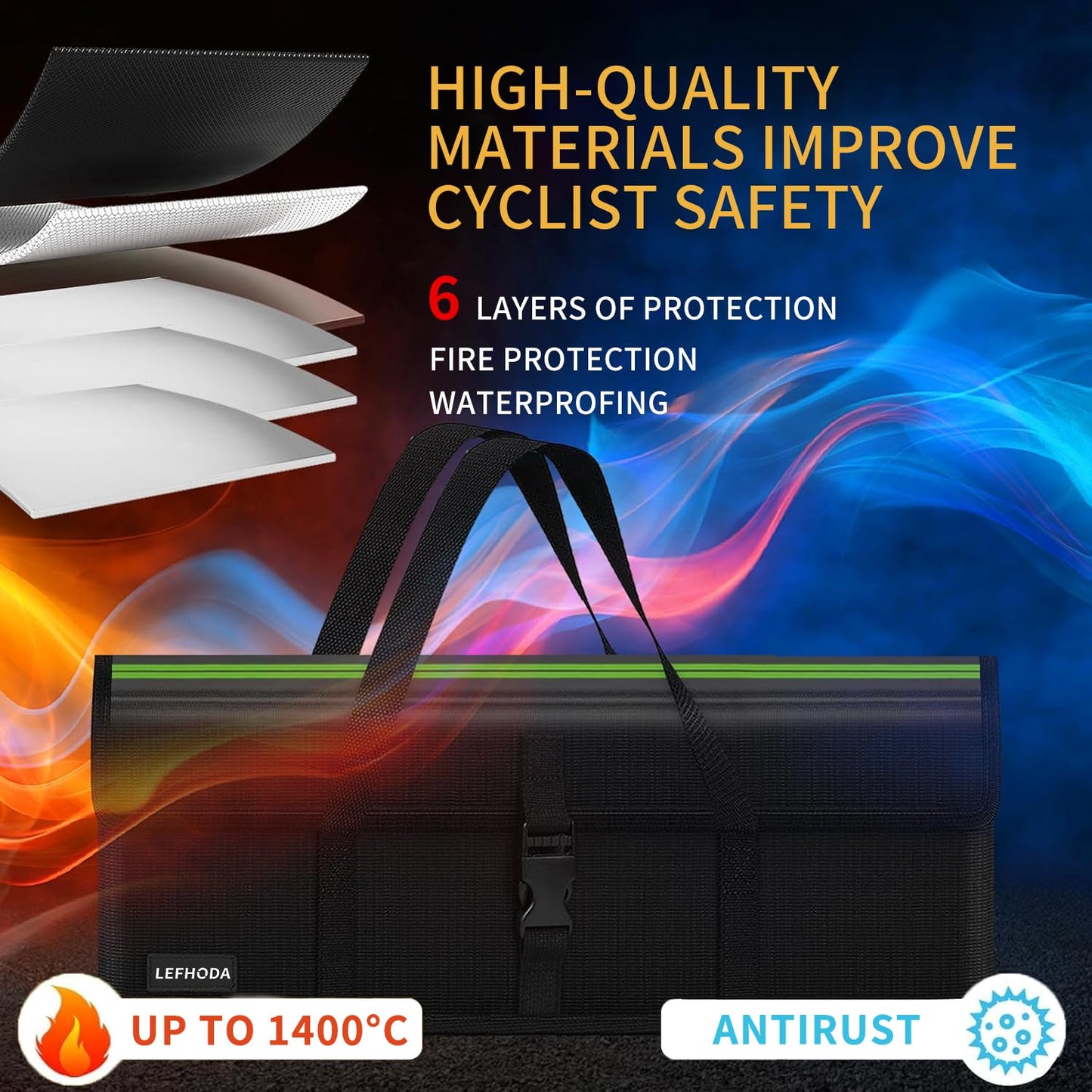 LEFHODA Fireproof E-Bike Battery Bag Case with 6-Layer Protection Up to 1400°C, Waterproof & Explosion-Proof, Large Capacity Lipo Safe Bag for Storage, Transport & Charging