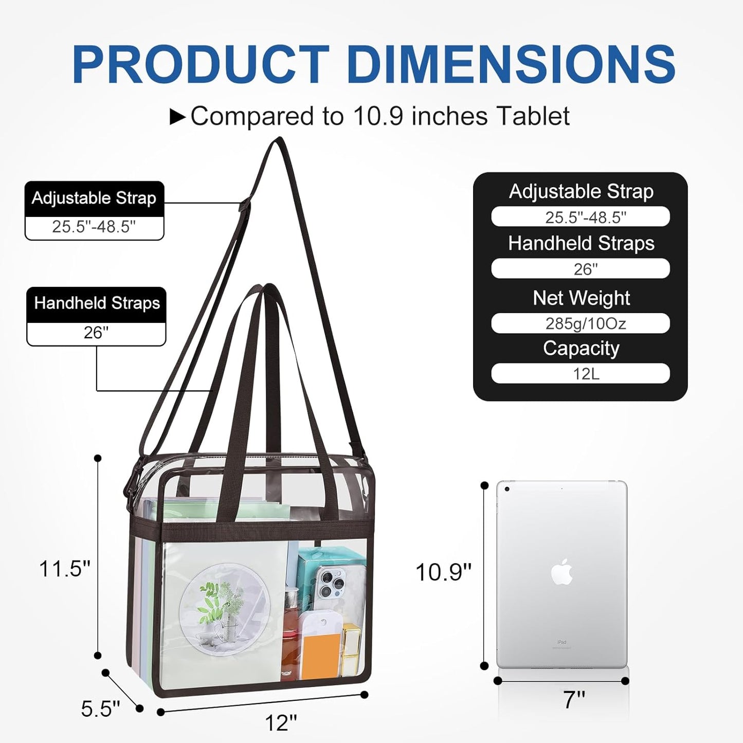 USPECLARE Clear Tote Bag - Transparent Stadium Bag for Events | 12x6x12 Size for Work, Sports, Concerts