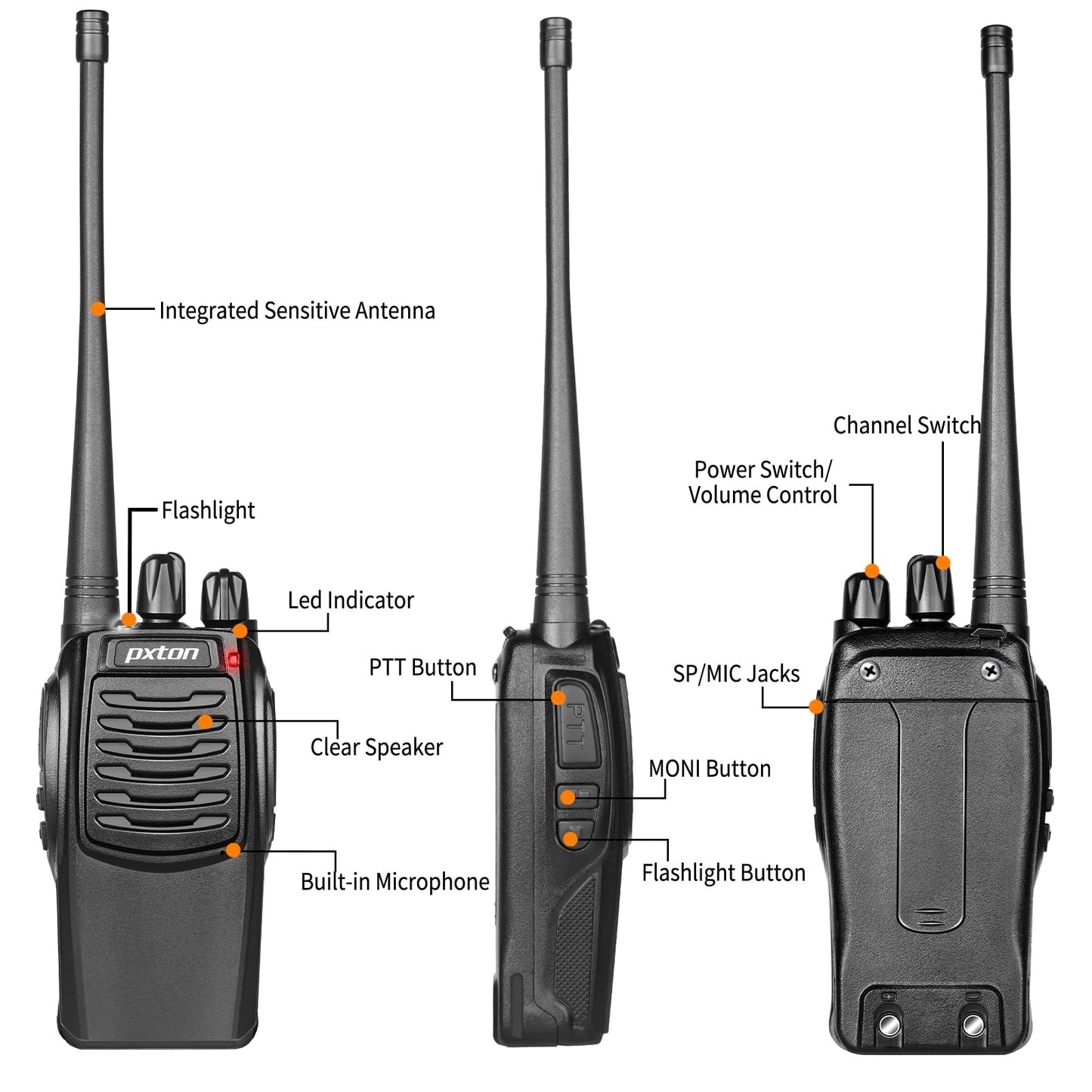 pxton S1 walkie talkies for Adults with earpieces and Rechargeable 1500mAh Li-ion Battery，walkie Talkie has VOX，TOT，Emergency Alarm，Battery Low Alert，Flashlight，Scan Function（2 Pack）