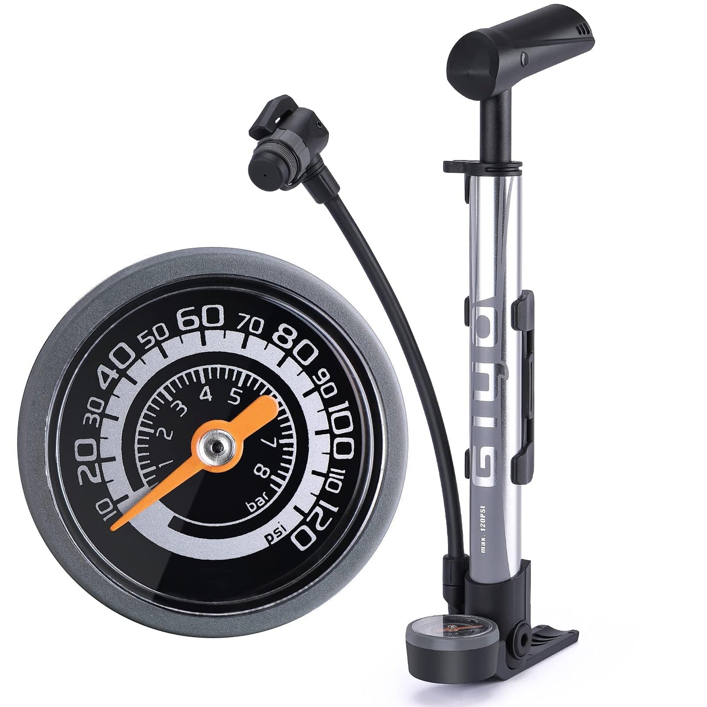 Mini Bike Pump with Gauge - Portable Bicycle Tire Pump - 120 PSI Bike Air Pump fits Presta & Schrader & Dunlop Valve - Road MTB Bike Pump Comes with Mounting Bracket (Black Grey) (Silver)