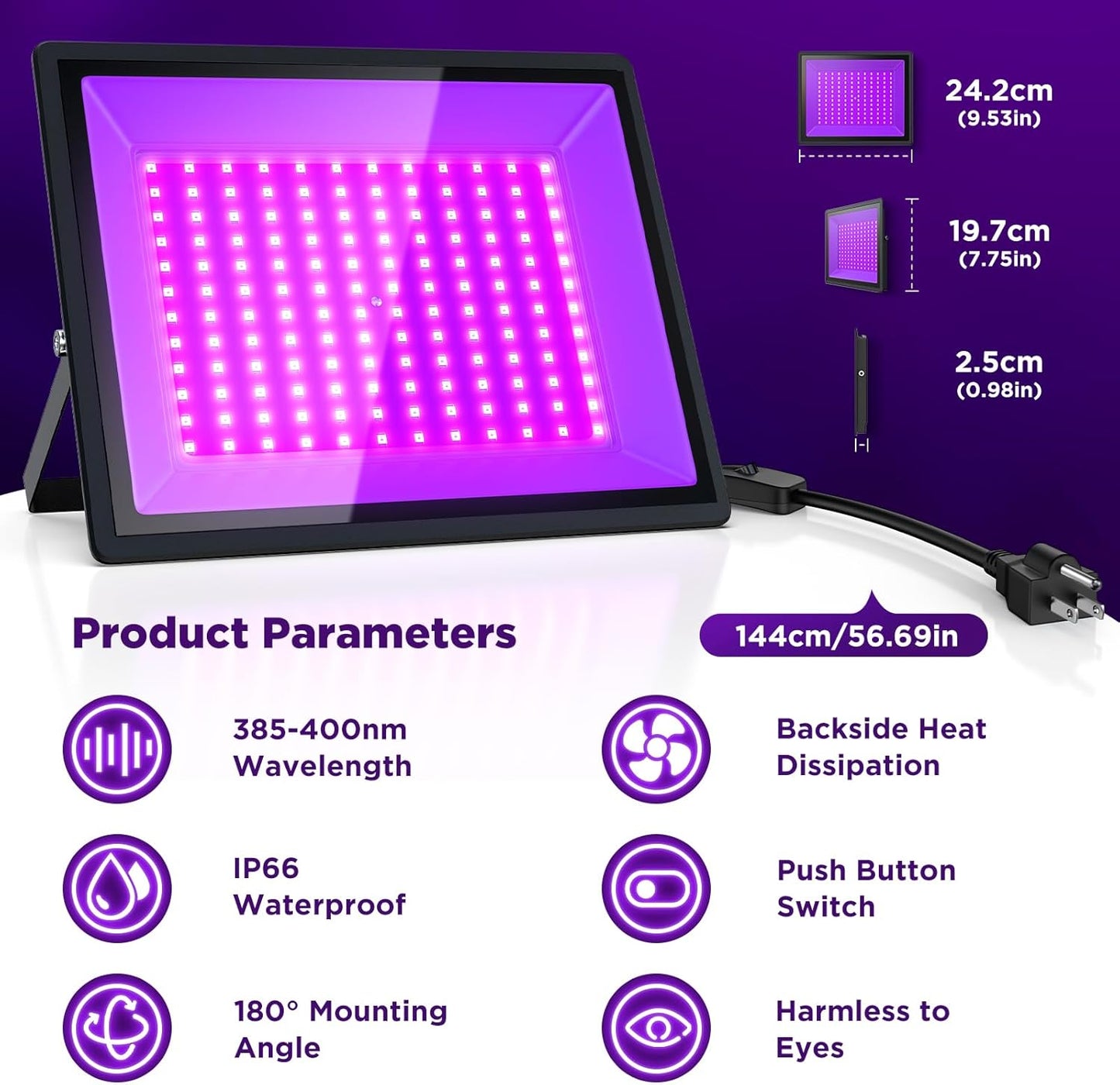 150W UV Black Light LED Lamps - 2 Pack, Waterproof for Neon Glow Parties & Holiday Decor
