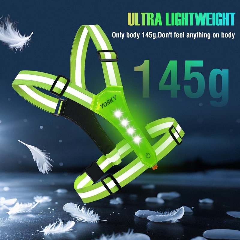 YOSKY 8 LED Running Reflective Gear Rechargeable Adjustable Running Lights Vest Safety Night Reflective Vest for Women Men Kids