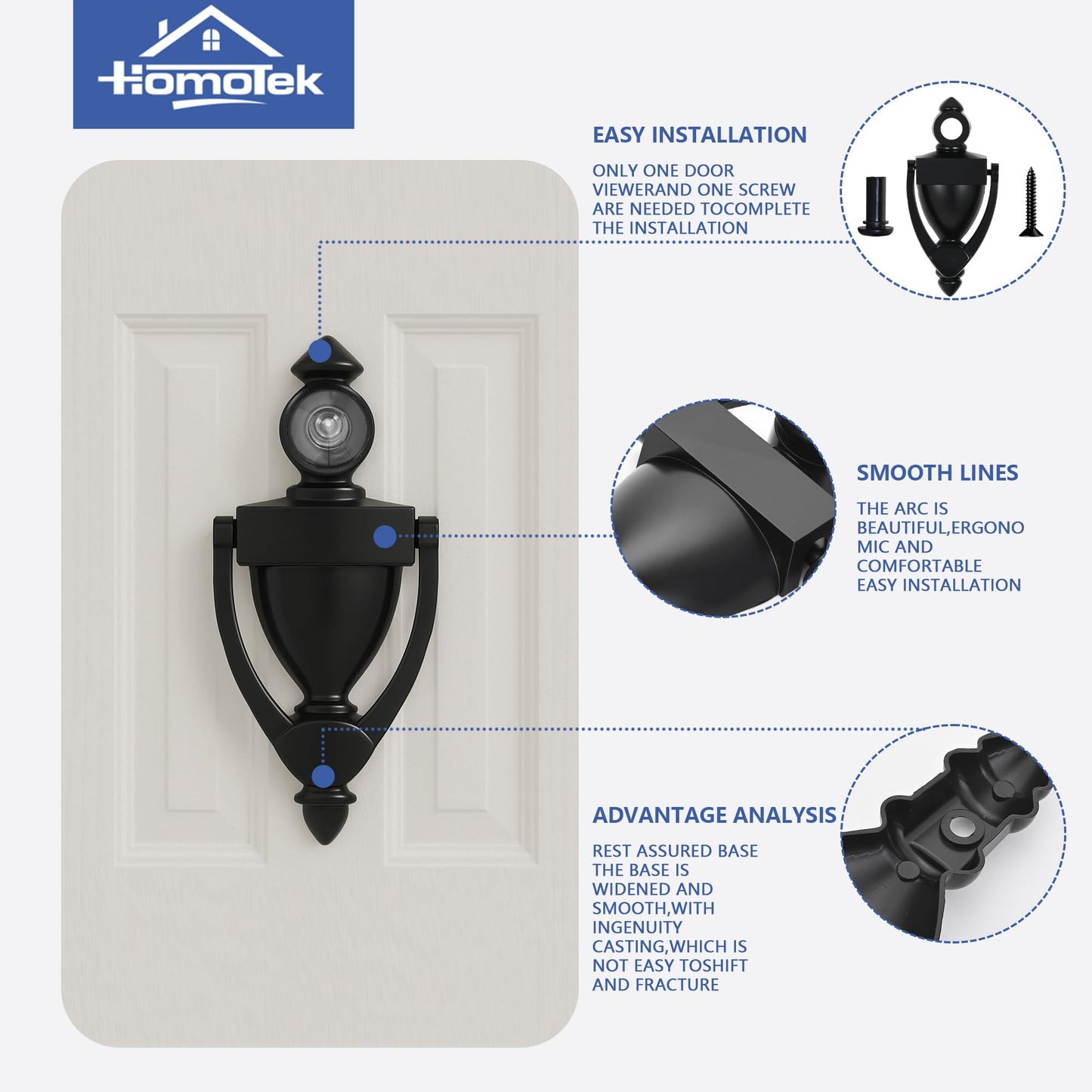 HOMOTEK Door Knocker with 180 Degree Peephole Viewer, Zinc Die-Cast Construction 5 Inch Height for Front Door Security, Black, 1 Pack