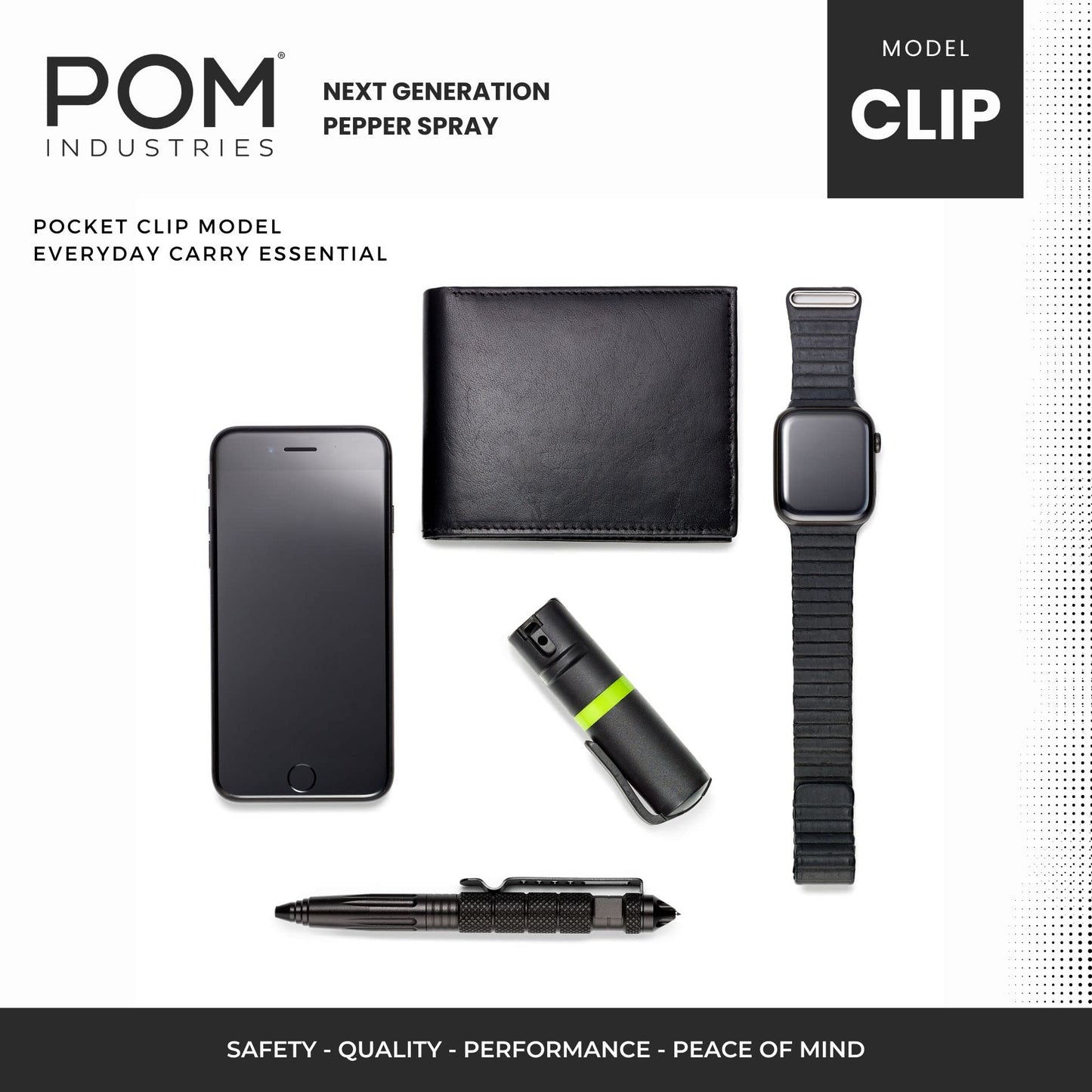 POM Pepper Spray Pocket Clip - Flip Top Safety - Maximum Strength OC Spray Self Defense - Tactical Compact & Safe Design - Quick Key Release - 25 Bursts & 10 ft Range