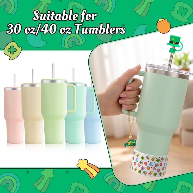 QIMGIC St. Patrick's Day Cup Accessories - 6pcs Shamrock Silicone Boot with Straw Cover Clover Handle Charm Compatible with 30 oz 40 oz Tumblers, Green Decor Gifts for Girls Women Irish Day Party