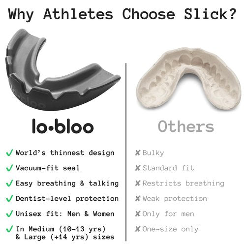 lobloo® Slick Sports Mouthguard – Ultra Slim 1mm | Dentist-Level Protection | Modified Vacuum-Fit Fusion | Oxygen Flow & Comfort | MMA, Boxing, Football, Basketball. (Large +14yrs, Black)