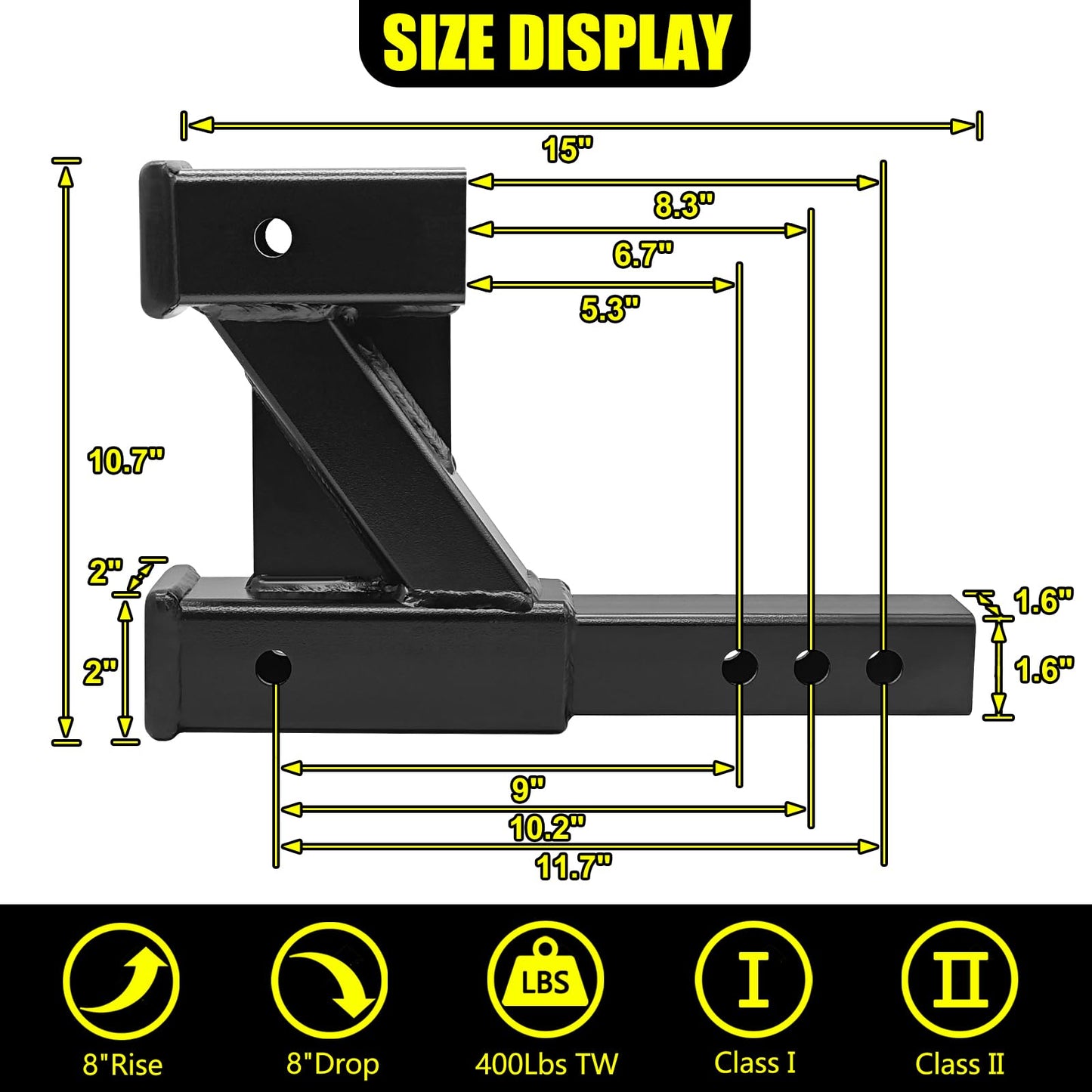 KAIRAY Double Hitch Receiver, 2 inch Trailer Dual Hitch Extension Riser, Hitch Adapter Fits for 2 inch Receiver Extender to 10 inch Max Length, 8 Inch Riser/Drop