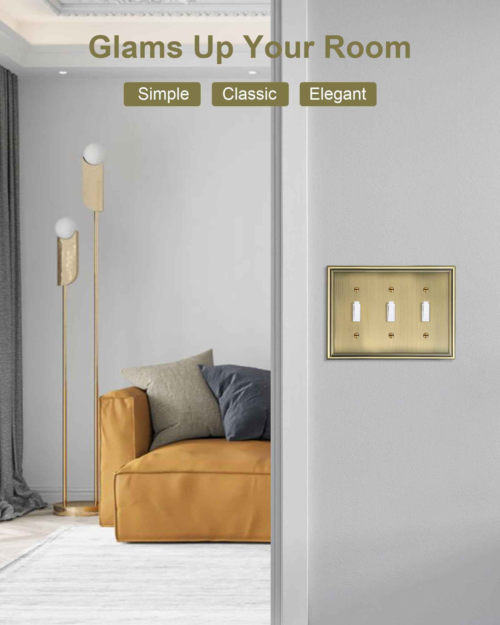 TREEWELL 2-Pack Triple Toggle Light Switch Cover Plate, Durable Solid Zinc Alloy Decorative Switch Plate Covers, Antique Brass 3 Gang Wall Plate, Corrosion Resistant