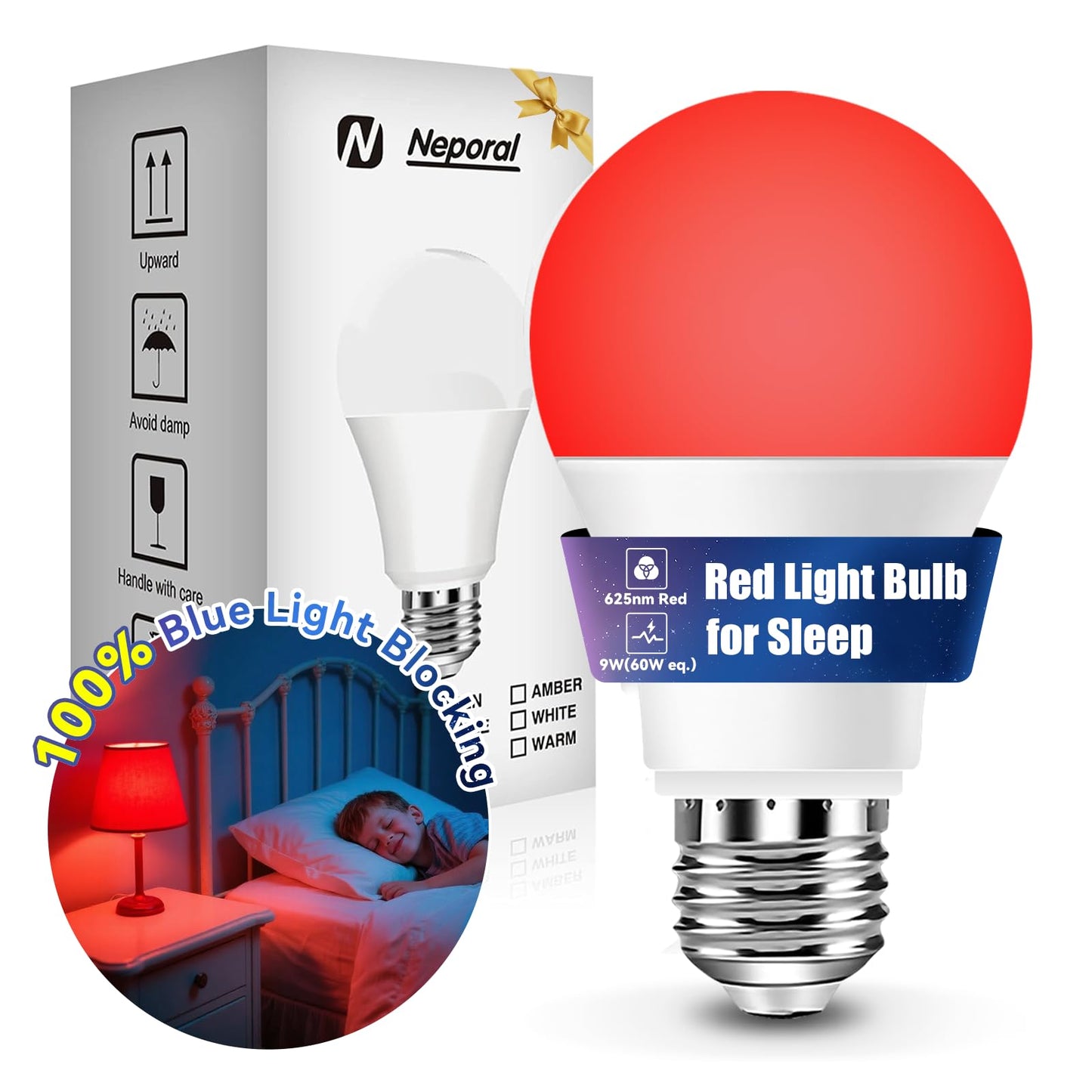 Neporal 625nm Red Light Bulb for Sleep, 100% Blue Light Blocking Light Bulb for Melatonin Promoting, A19 LED 9W 60W Equivalent Dim Red Night Light Bulb for Baby Nursery, Sleeping, Reading, 1-Pack