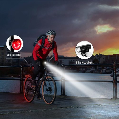 Bike Light Set USB Rechargeable, Powerful Bicycle Headlight and Taillight Combination, 5 Light Modes, Easy to Install for Cycling Safety