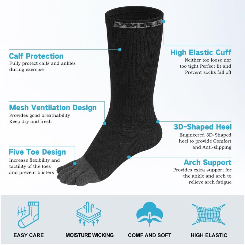 VWELL Toe Socks Cotton Athletic Running Five Finger Socks 3 Pairs,Size 7-11