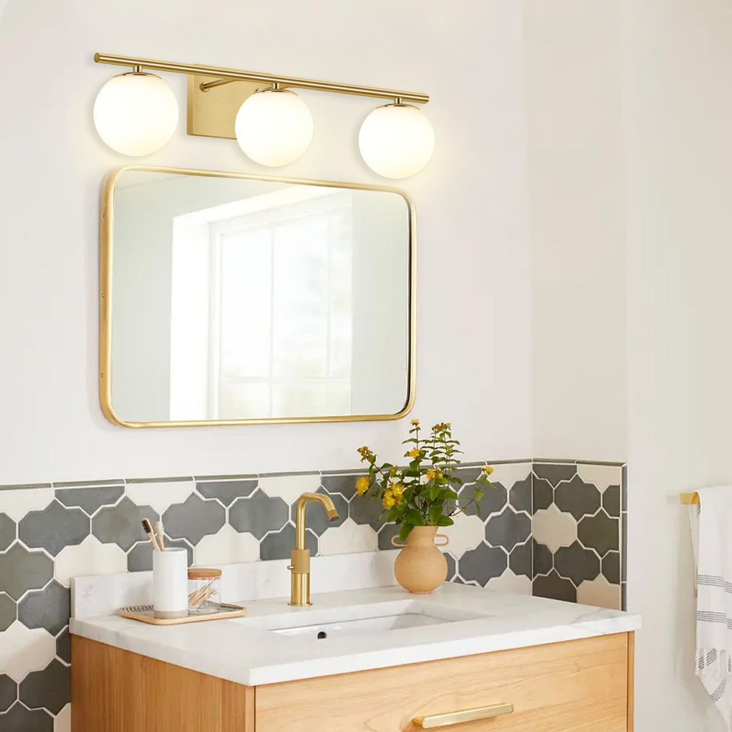 YHTlaeh New Bathroom Vanity Light 3 Lights Fixtures Brushed Brass Milk White Globe Glass Shade Modern Wall Bar Sconce Over Mirror (Exclude G9 Bulb)