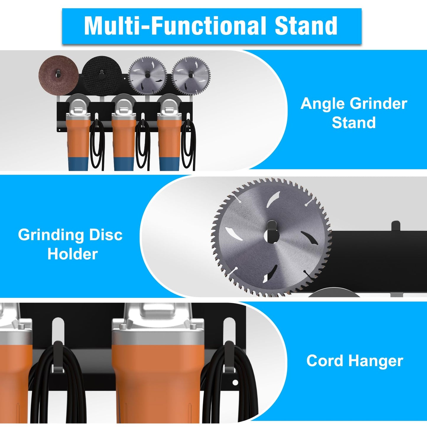 Angle Grinder Holder, Angle Grinder Stand with Discs Hook Rack & Cord Hanger, Wall Mount Power Tool Storage Rack/Bracket/Organizer for Cutters Polishers, Garage and Workspace
