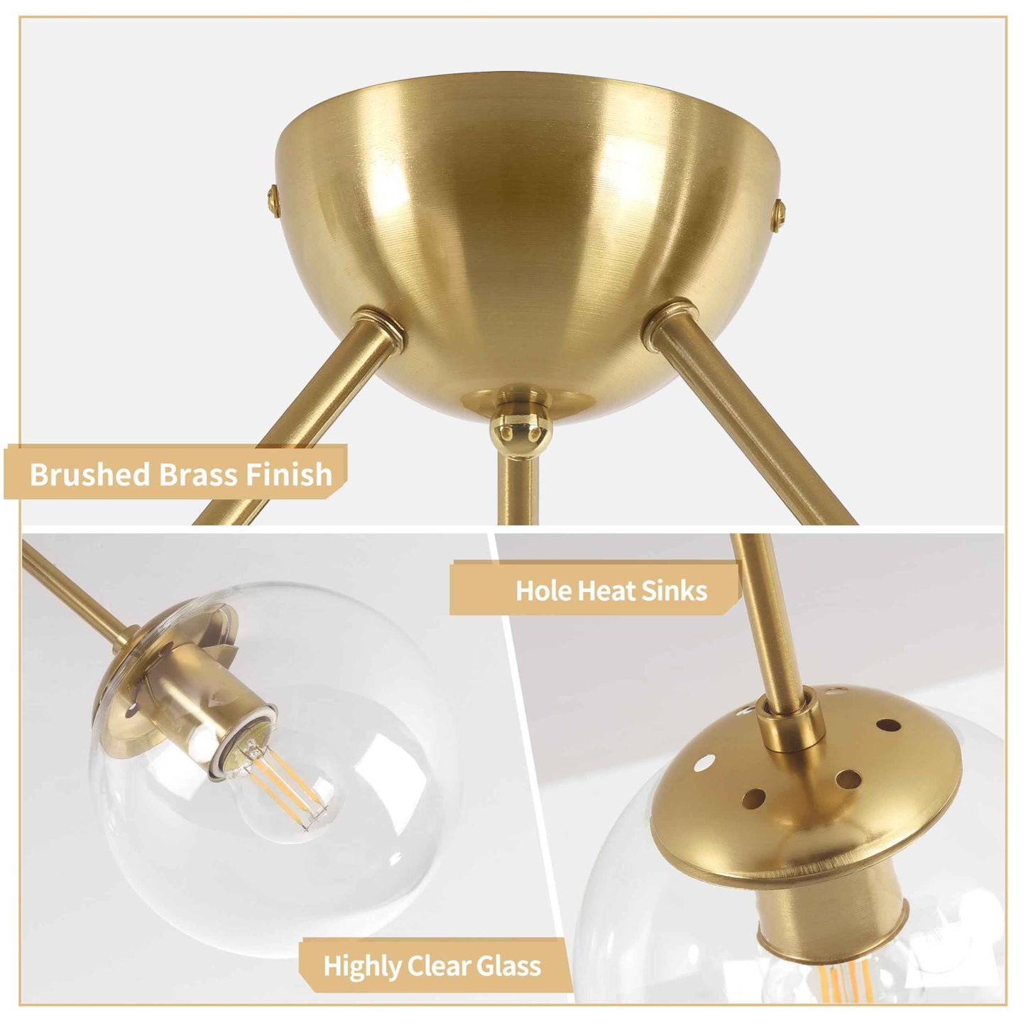 Bagood Mid-Century Modern Semi Flush Mount Ceiling Light 3 Lights Clear Glass Modern Globe Ceiling Light Gold Brass Sputnik Chandeliers for Hallway Entryway Kitchen Bedroom Laundry(Bulb Incl.)