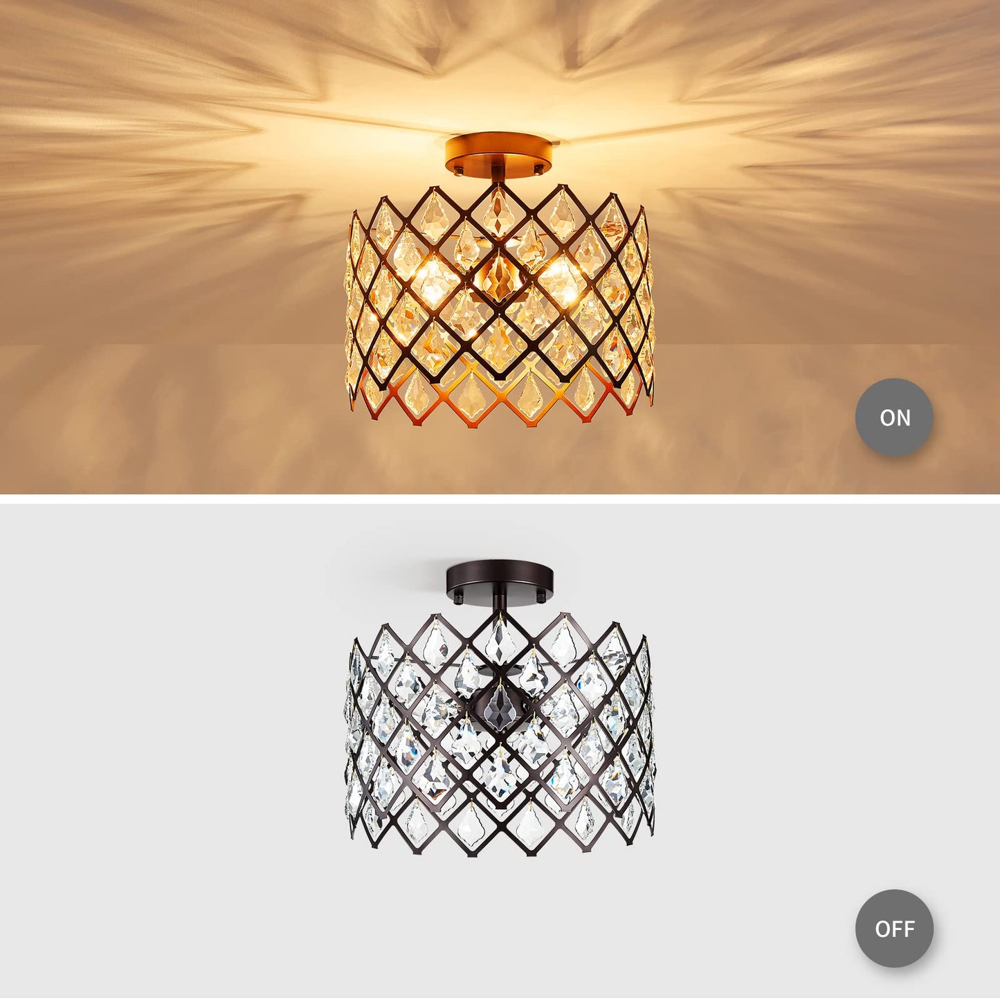 WUZUPS Crystal Chandelier 3-Light Semi-Flushmount Ceiling Light Modern Lighting Fixture for Bedroom Storageroom Hallway Bar Kitchen Dinning Living Room Bathroom, 13.4" Wide 11" High, Oil Rubbed Bronze