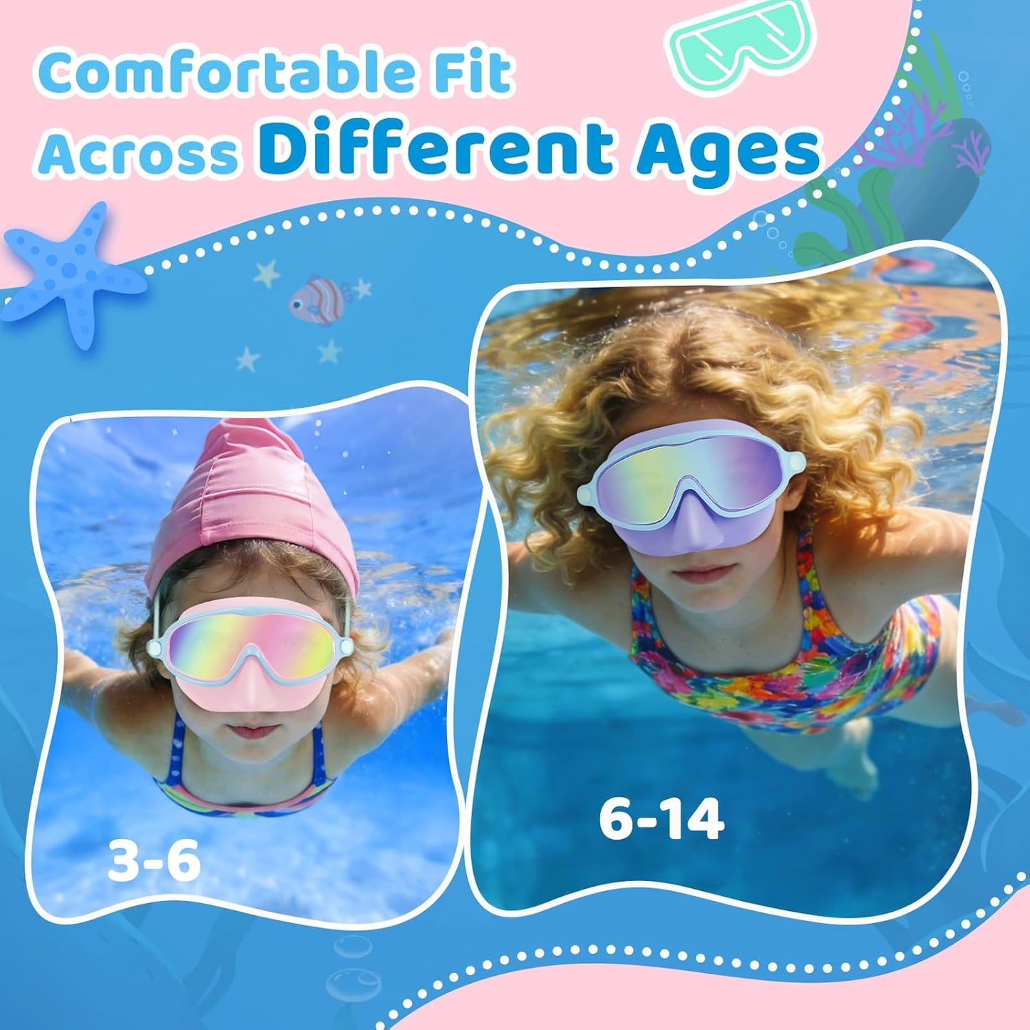 Vvinca Kids Swim Goggles - Anti-Fog UV Protection & Nose Cover | 2 Pack for Ages 3-14
