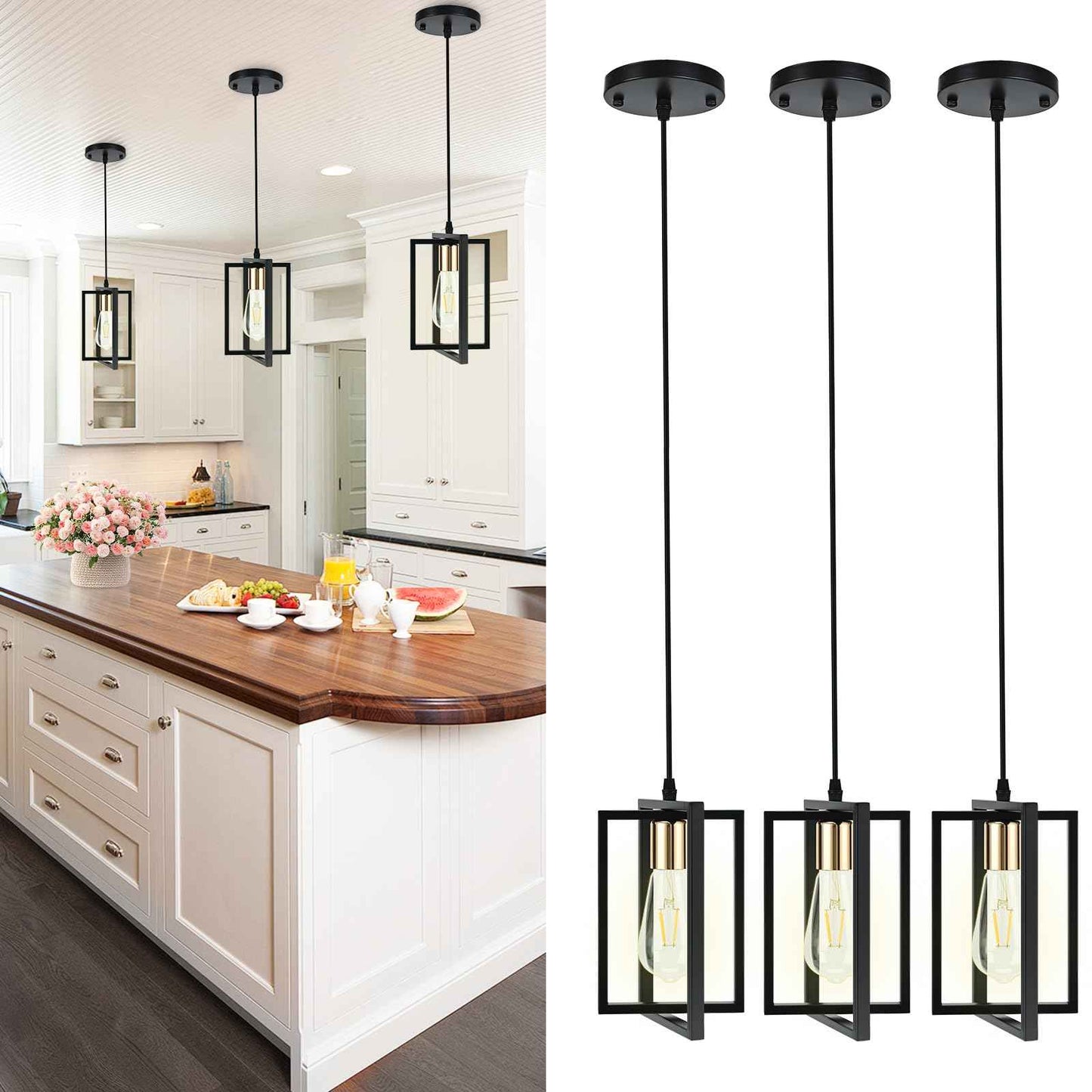WKWKTOTO 3 Pack Black Pendant Lights for Kitchen Island, Industrial Hanging Light Fixture with Durable Metal Shades, Kitchen Island Lighting for Dining Room, Entryway, Restaurant