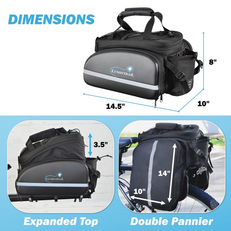 Lumintrail Bike Rear Rack Trunk Bag 34L - Expandable Pannier Bags for Bicycles - Waterproof Rain Cover Included