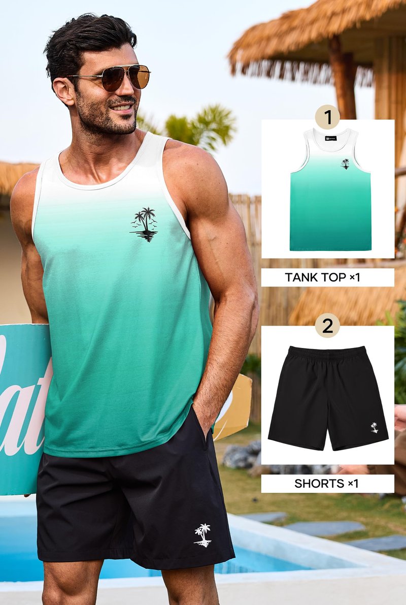 VOGSTART Men's Tank and Shorts Set Designer Shirts Sleeveless Shirt Hawai Cool Vacation Beach Classic Summer Tropical Breathable Vacation Lightweight Tank Green - Gradient L
