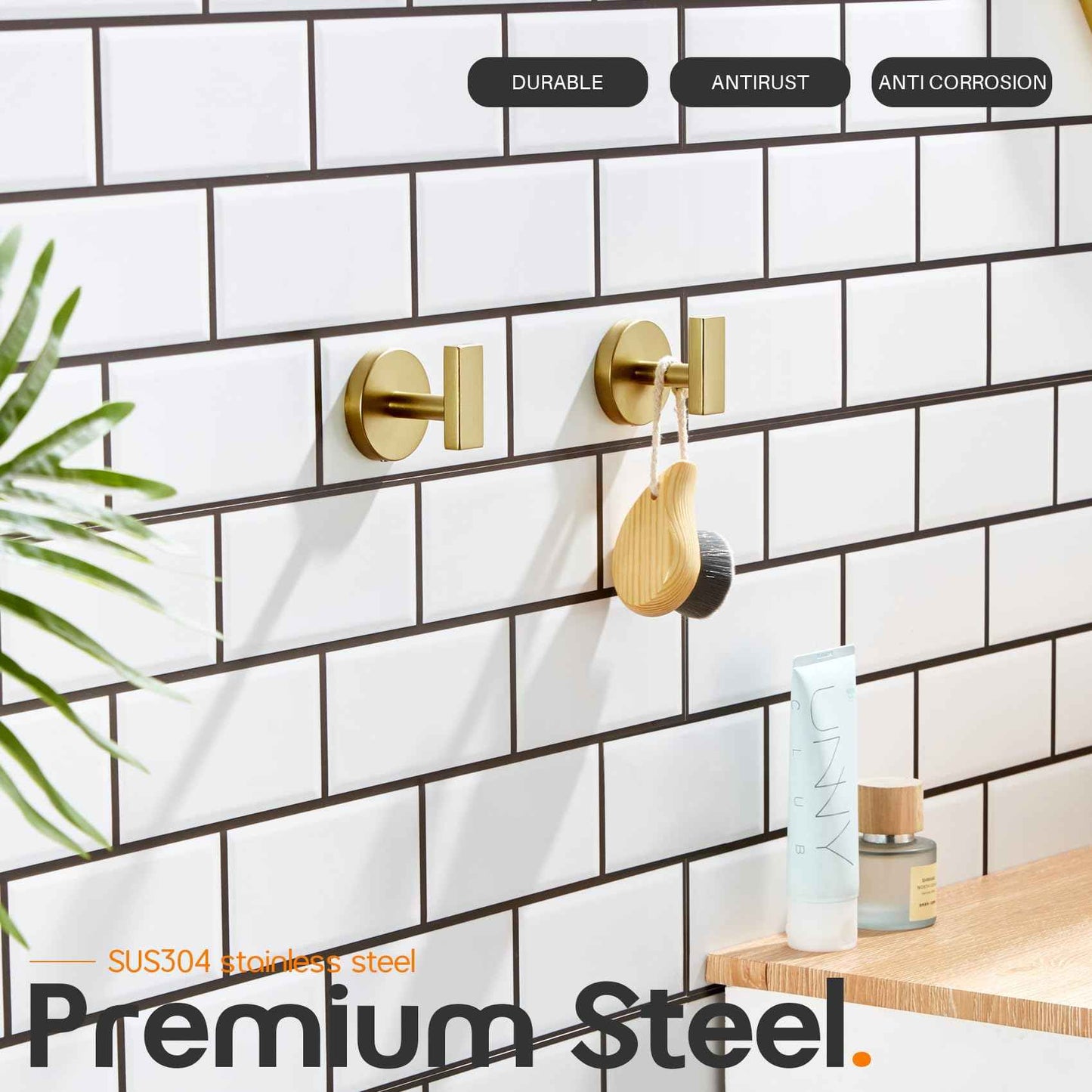 AONEON Robe Hook Bath Towel Hooks Stainless Steel Wall Hooks for Bathroom Kitchen Closet Garage Door Hanger Brushed Gold 2 Pack, AN1001GD-P2