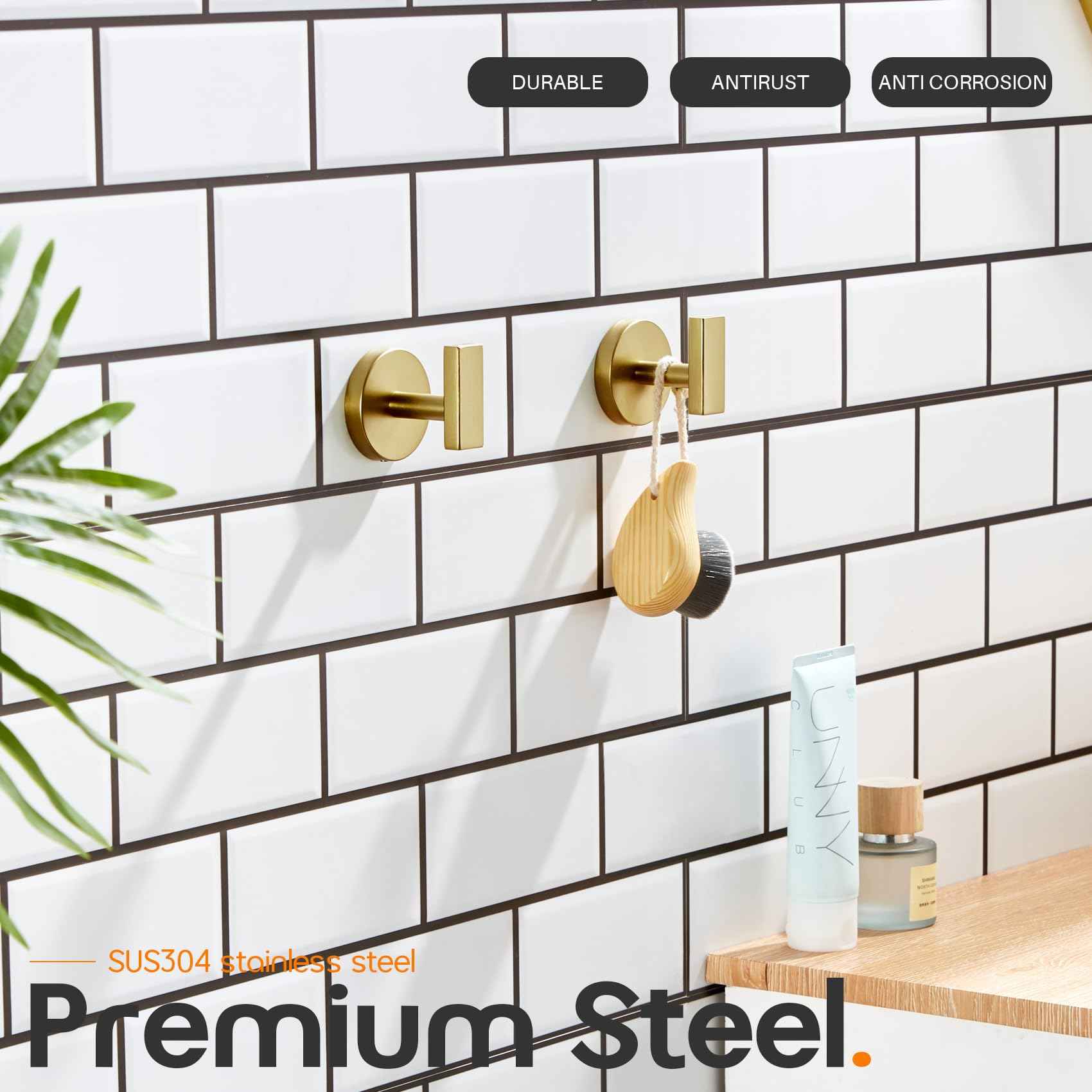 AONEON Robe Hook Bath Towel Hooks Stainless Steel Wall Hooks for Bathroom Kitchen Closet Garage Door Hanger Brushed Gold 2 Pack, AN1001GD-P2